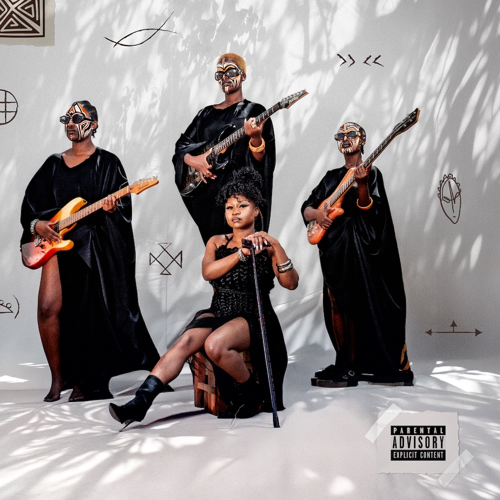 Single cover for Sampa the Great's Simon Says featuring Sampa seated in front of three guitarists in black robes and face paint.